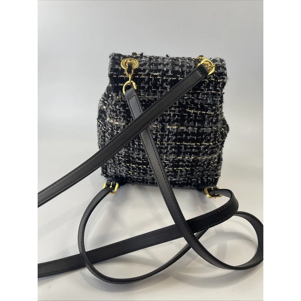 Billiontem Convertible‎ Mini Tweed Backpack/ Purse Black W/ Golden Chains